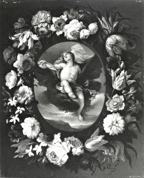 Anonimo — Stanchi Niccolò - ambito - sec. XVII - Ghirlanda di fiori con ratto di Ganimede — insieme